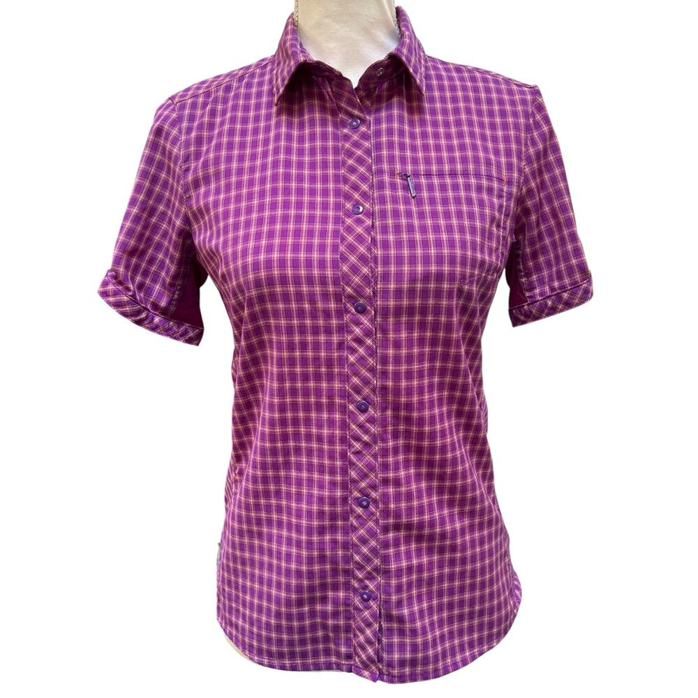 Icebreaker Merino Wool Shirt Women’s XS Purple Plaid Hiking Short Sleeve EUC